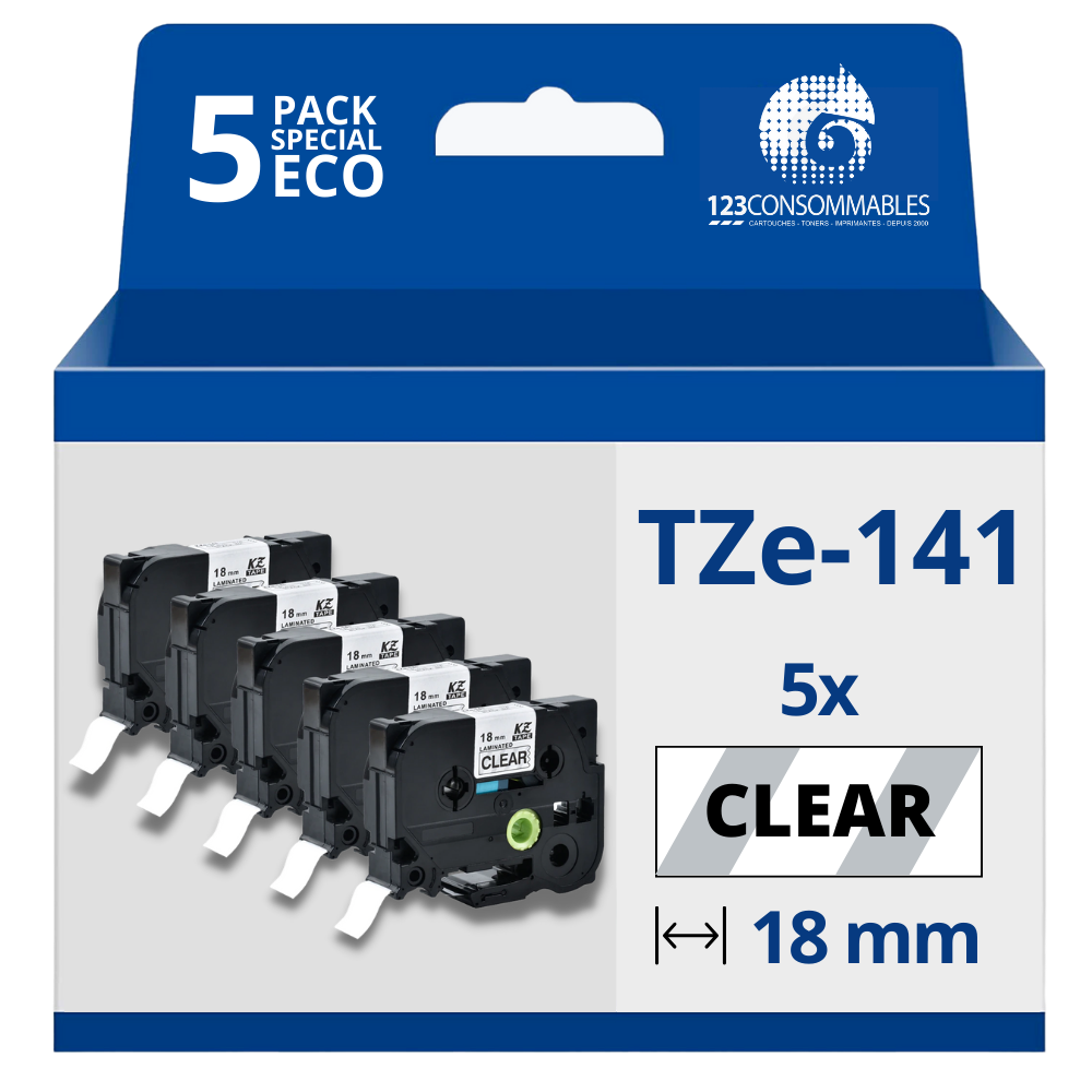 Pack de 5 Rubans compatible avec Brother TZe141 - Texte noir sur fond transparent - Largeur 18 mm x 8 mètres